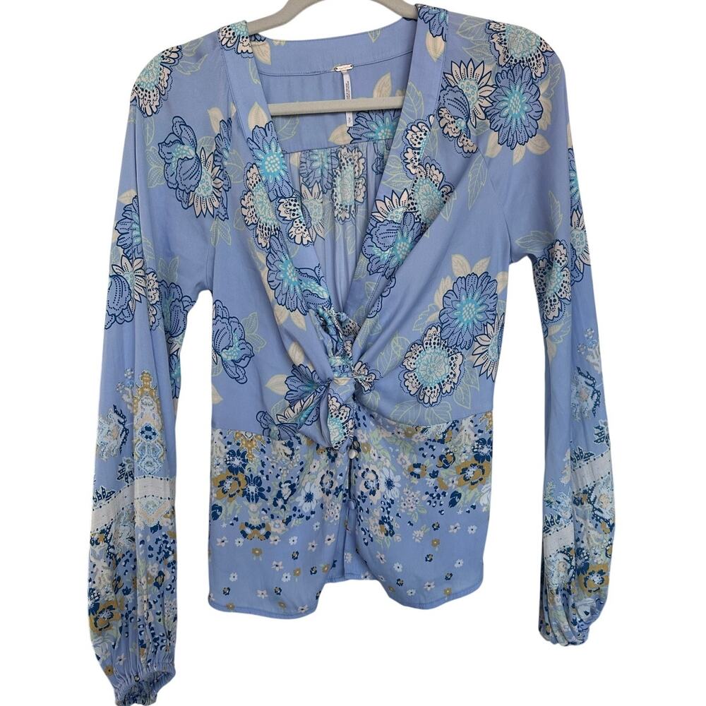 Free People Run Free Blouse Periwinkle Floral Front Tie Vneck Top Small Boho New